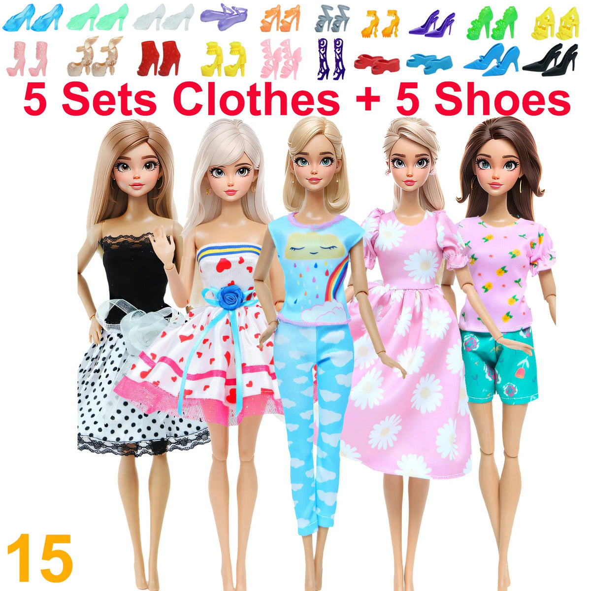 10-Piece 1/6 Scale Doll Clothes Set for 11.5–12 in (30 cm) Dolls — Dresses, Shirts, Pants & Shoes