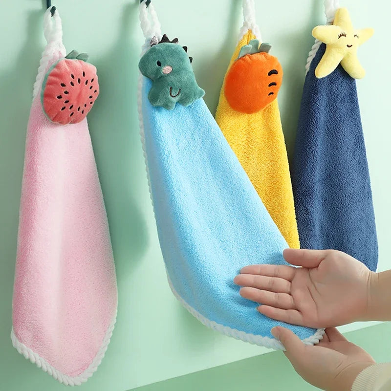 4-Pack Cartoon Kids Hanging Hand Towels - Soft Absorbent 11 x 11 in (28 x 28 cm) Washcloths for Baby, Kitchen & Bathroom