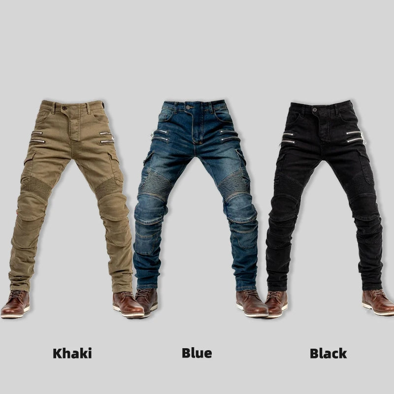 Unisex Motocross Motorcycle Riding Jeans with Removable Knee Pads – Double-Zip Moto Trousers
