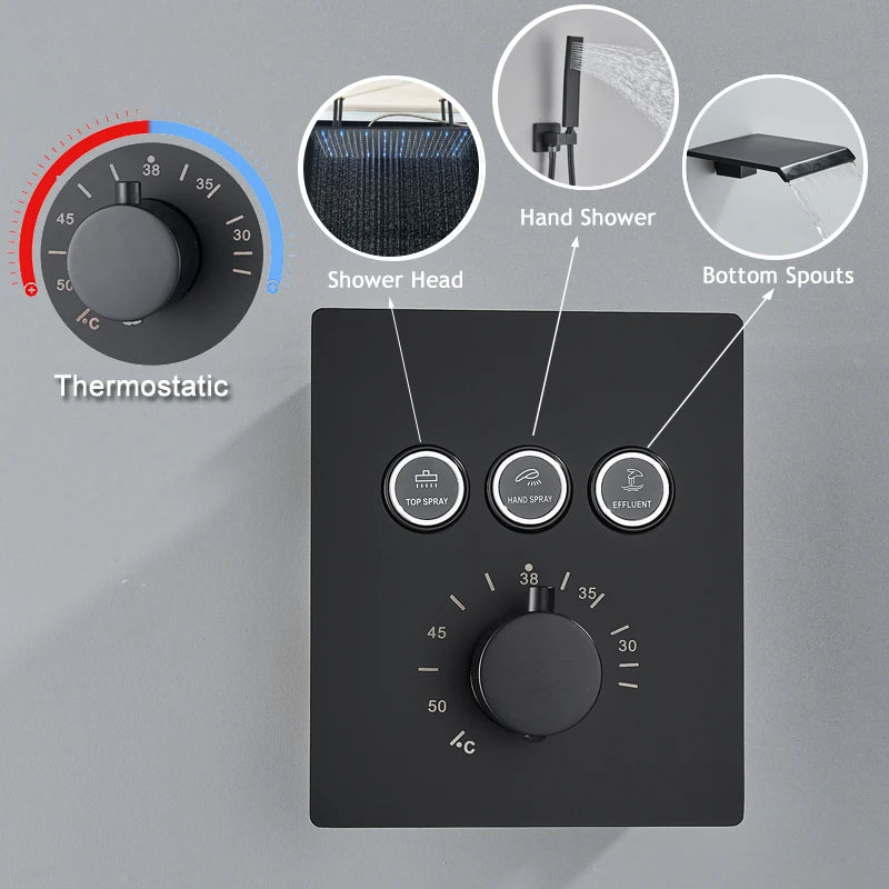Big Black Thermostatic Ceiling-Mounted Rainfall Shower System with Hand Shower – Thermostatic Mixer Tap, 150 cm (59 in) Hose, 400+ mm (15.7+ in) Rain Head