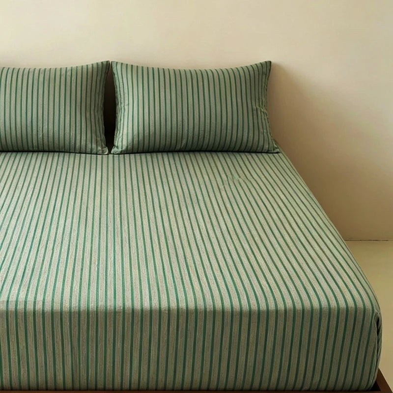 3-Piece Stripe Fitted Sheet Set – Elastic Anti-Slip Adjustable Fitted Mattress Cover with 2 Pillowcases