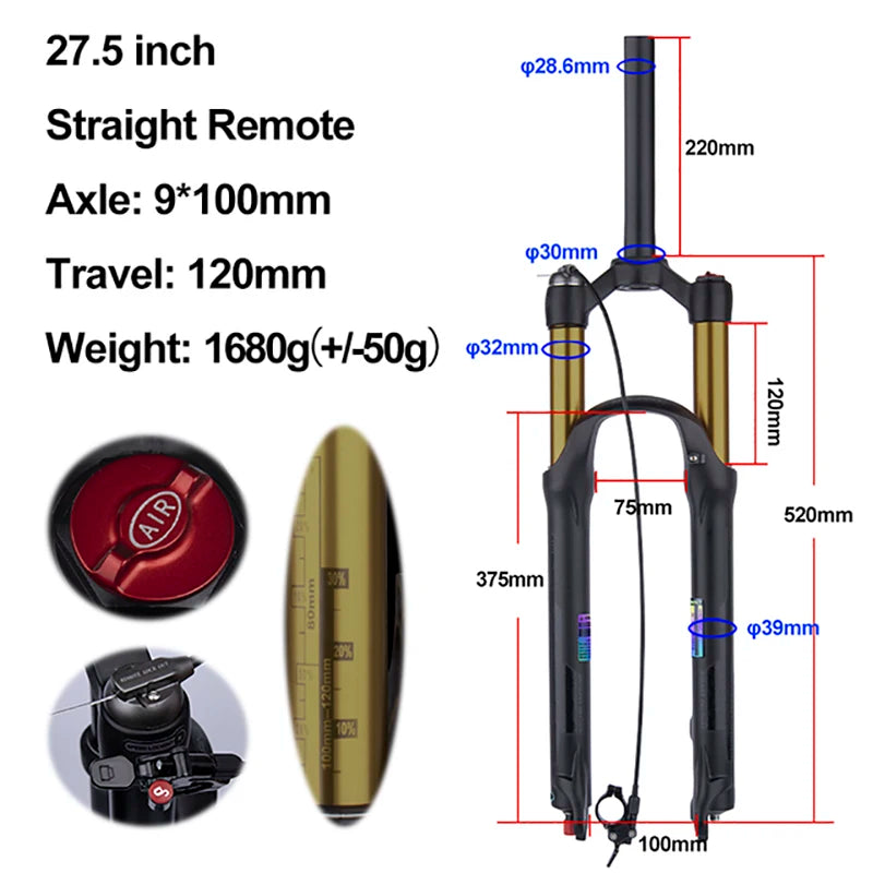 MTB Air Suspension Fork — 120mm Travel, Rebound Adjustable, 26/27.5/29 in, 9x100mm Quick Release, Disc Brake Compatible