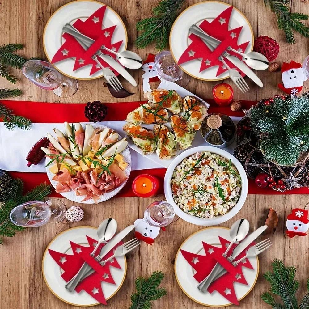 12-Pack Christmas Tree Felt Placemats with Fork and Spoon Pockets Holiday Table Decorations