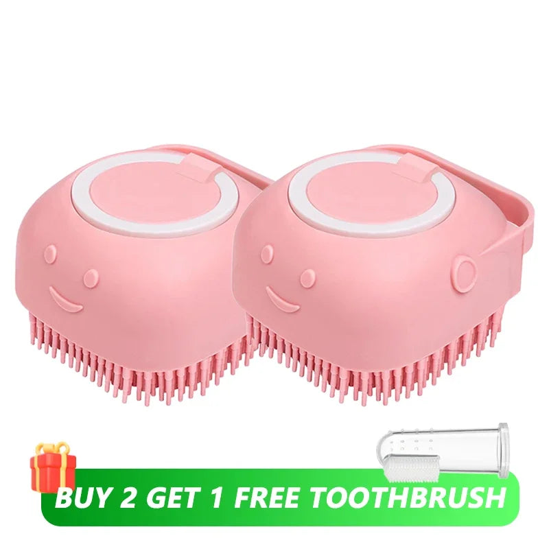 Dog & Cat Silicone Bath Brush with Shampoo Dispenser — Soft Rubber Bristles for Grooming & Massage