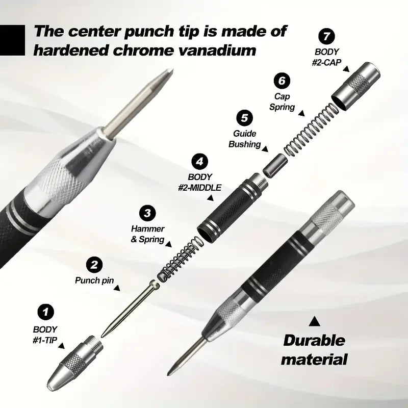 Spring-Loaded Auto Center Punch 13mm (0.51 in) – Heavy-Duty Drill Locator & Hole Marker for Wood, Metal, Glass