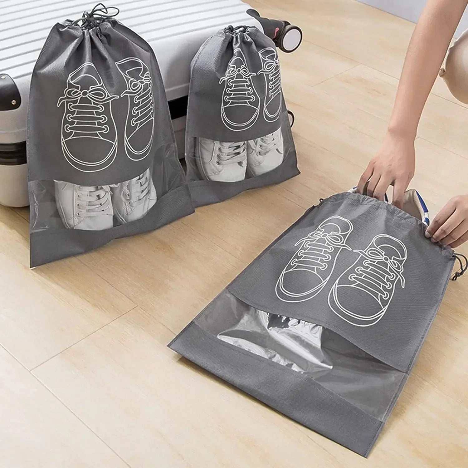 5/10-Pack Non-Woven Drawstring Shoe Bags — Dust-Proof Travel Shoe Storage Organizer (36×27 cm / 14.2×10.6 in; 44×32 cm / 17.3×12.6 in)