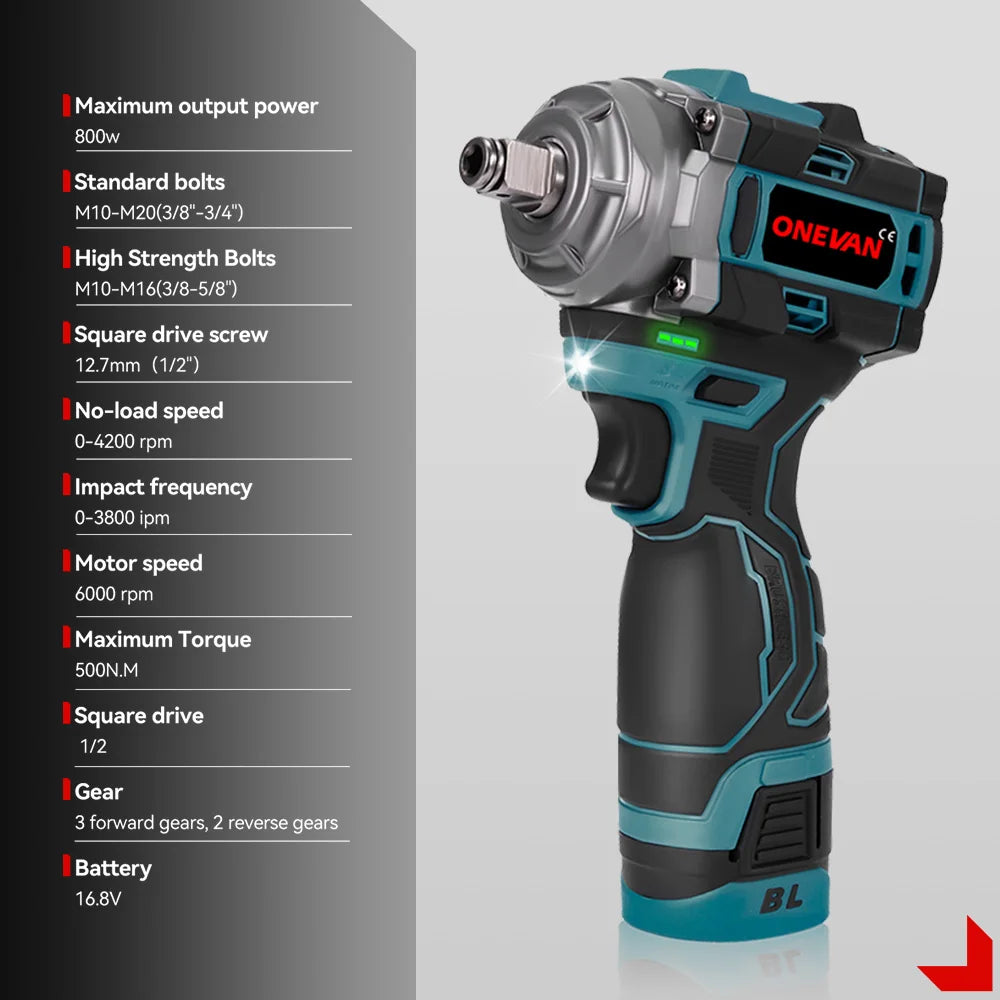 800W Brushless Cordless Impact Wrench 1/2-inch (12.7mm) Drive 16.8V Portable Electric Wrench 500 N·m