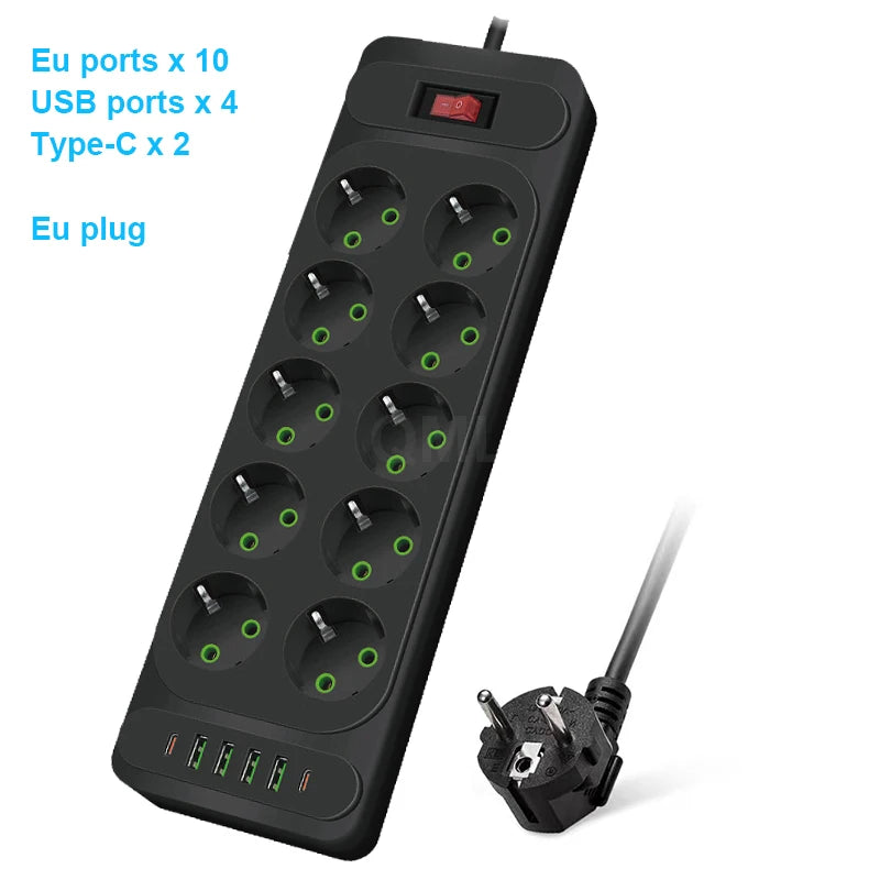 EU Power Strip 2500W — 10-Outlet Extension with Safety Master Switch, 6 USB Ports incl. USB-C, 2m (6.6 ft) Cord, EU Plug