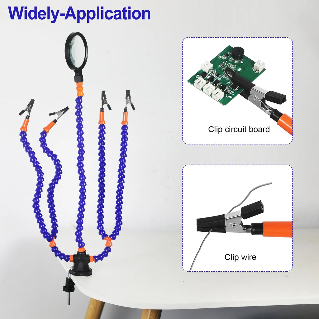 3X (55mm) Magnifier Soldering Helping Hands with PCB Holder and 5 Flexible Arms, Desk Clamp Station