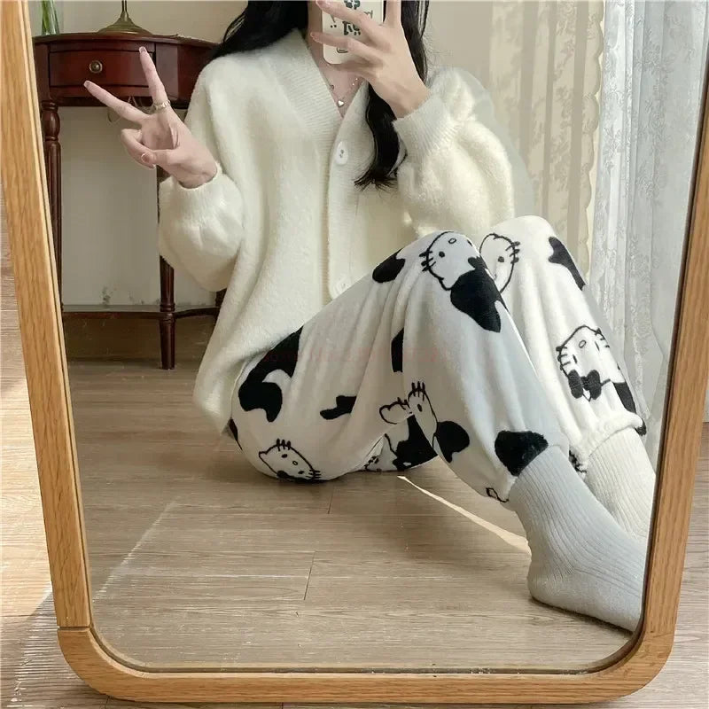 Hello Kitty Flannel Pajama Pants – Kawaii Cartoon Velvet Lounge Pants for Girls & Women, Fall Winter Home