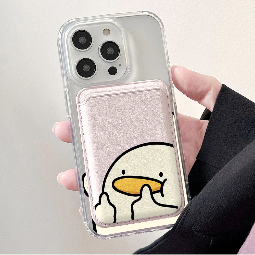 Cartoon Duck MagSafe-Compatible Clear Phone Case with Magnetic Leather Card Holder