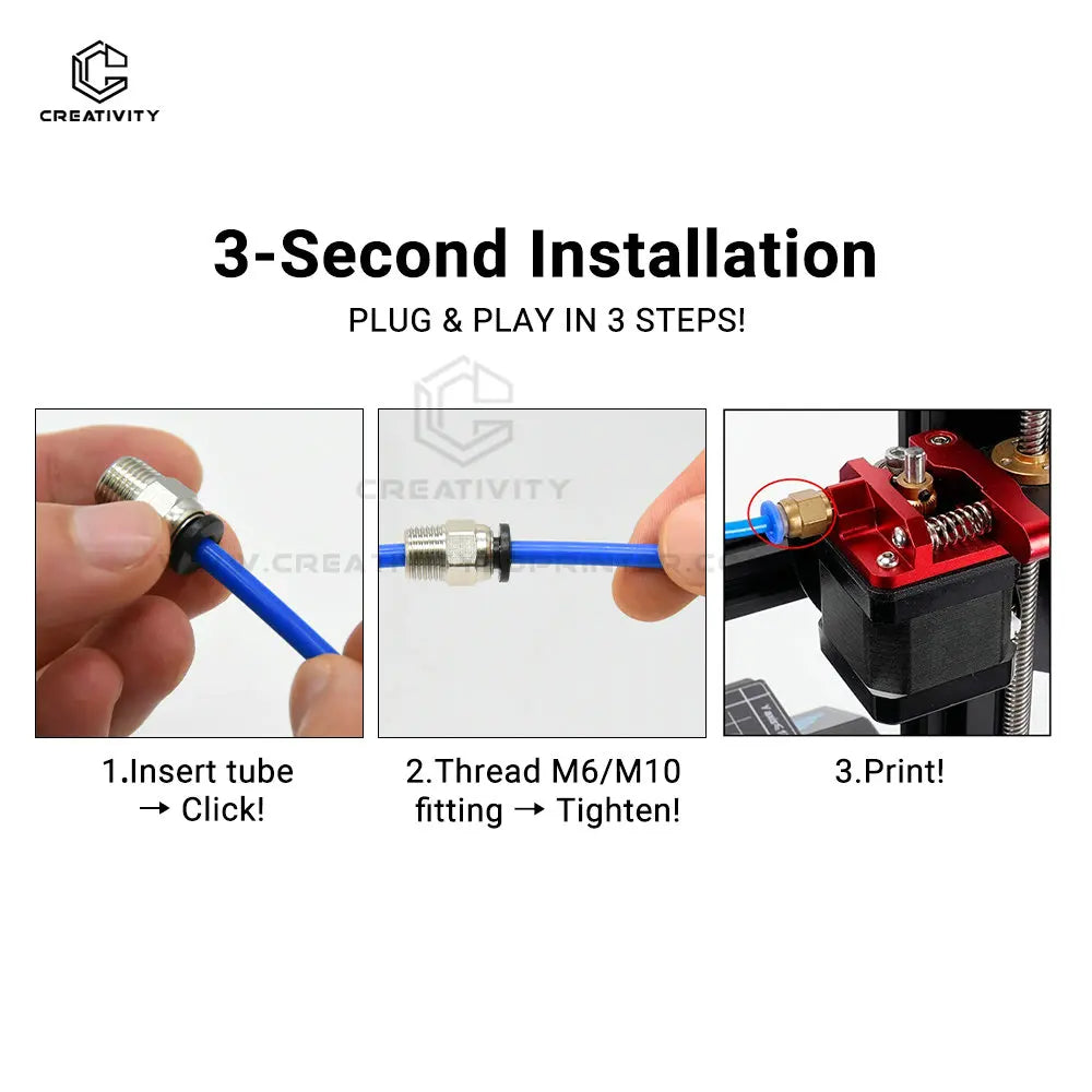 PTFE Tube Filament Feed Fittings for 3D Printers - 4mm Bore Pneumatic Couplers (M3, M5, M6 Thread Options)