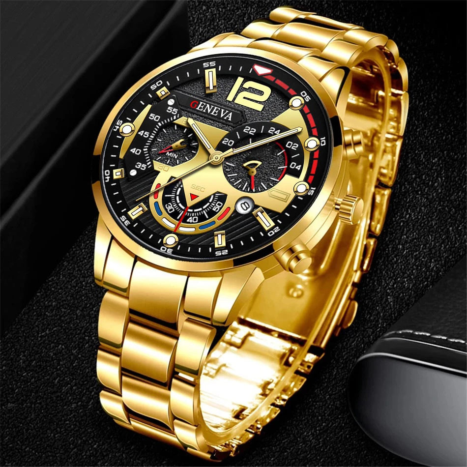 Men's Stainless Steel Analog Quartz Watch with Calendar - 42mm Case, Folding Clasp
