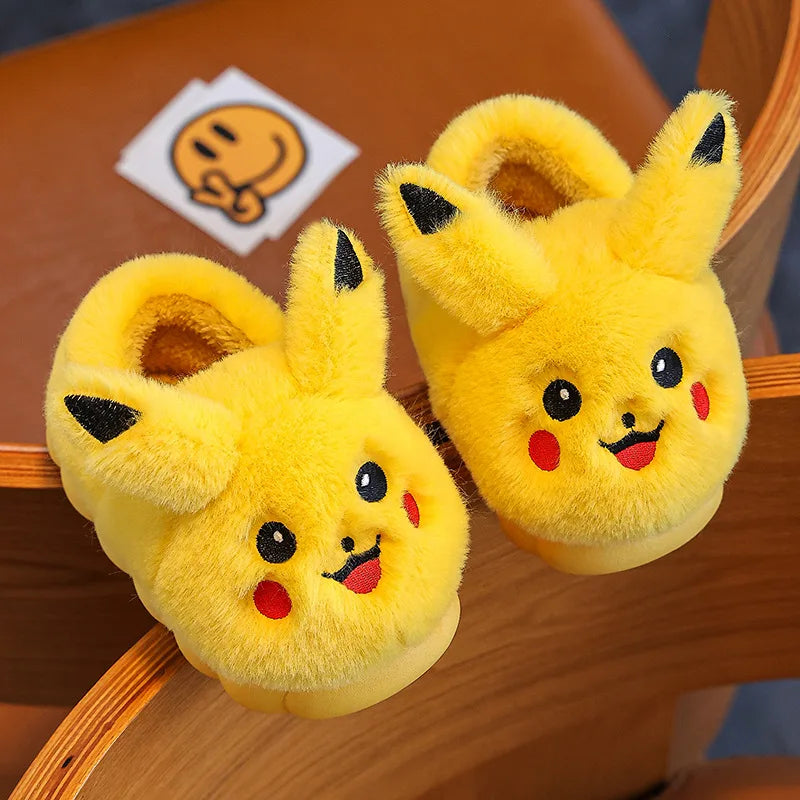 Kawaii Anime Plush Indoor Non-Slip Winter Slippers for Kids — Soft Cotton Flat Sole, Cute Cartoon Gift