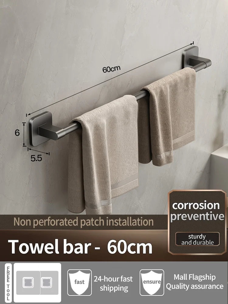 No-Drill Adhesive Towel Bar – Wall-Mount Towel Rack & Hook for Bathroom, Kitchen, Tile, Glass