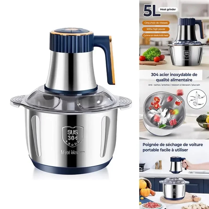 Electric Meat Grinder 5L (1.32 US gal / 5.28 qt) Stainless Steel Food Processor and Vegetable Chopper 200W 5-Speed