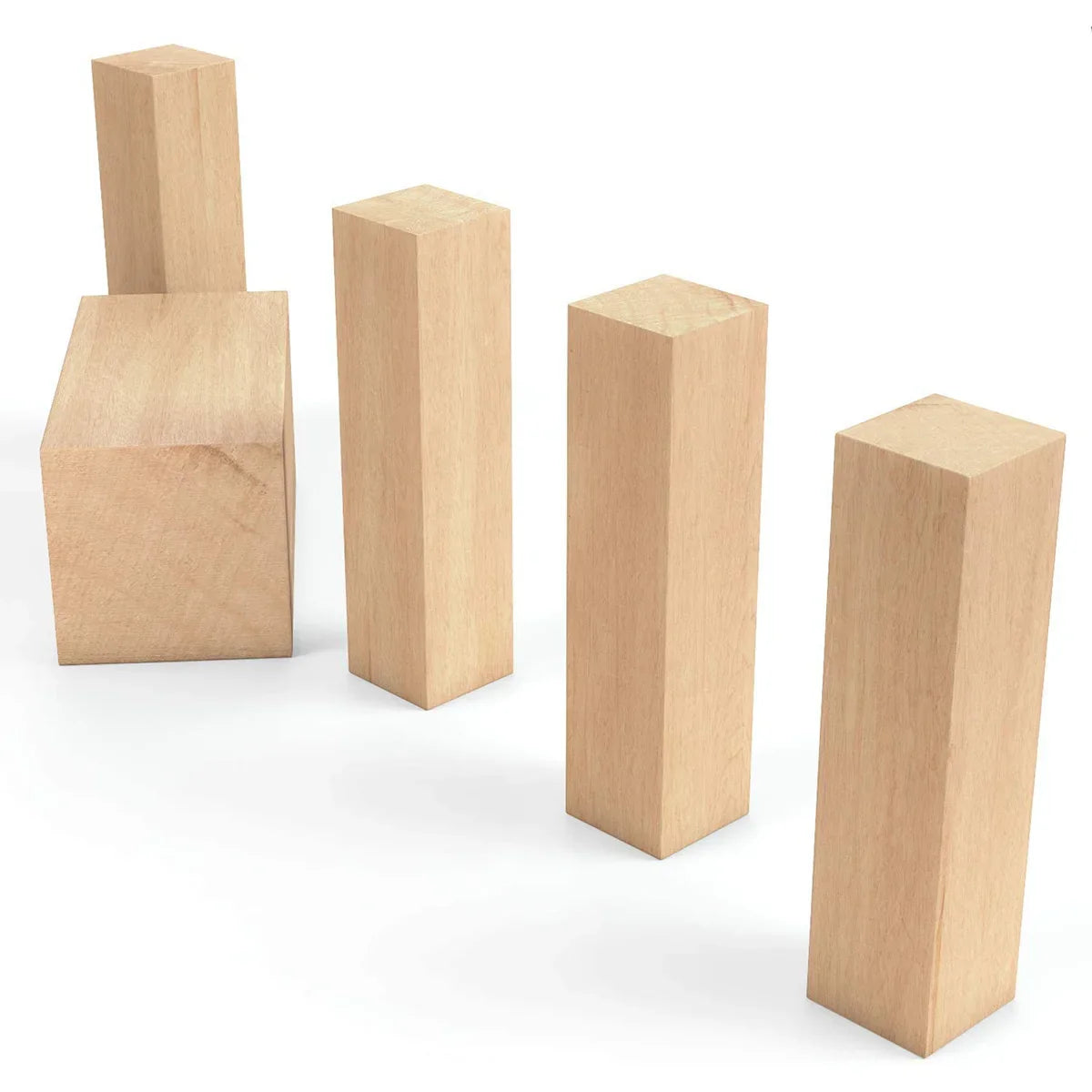 5-Piece Basswood Carving Block Set — 1 block 4×2×2 in (10×5×5 cm) + 4 blocks 4×1×1 in (10×2.5×2.5 cm) Unfinished Wood for Carving, Whittling & DIY Crafts