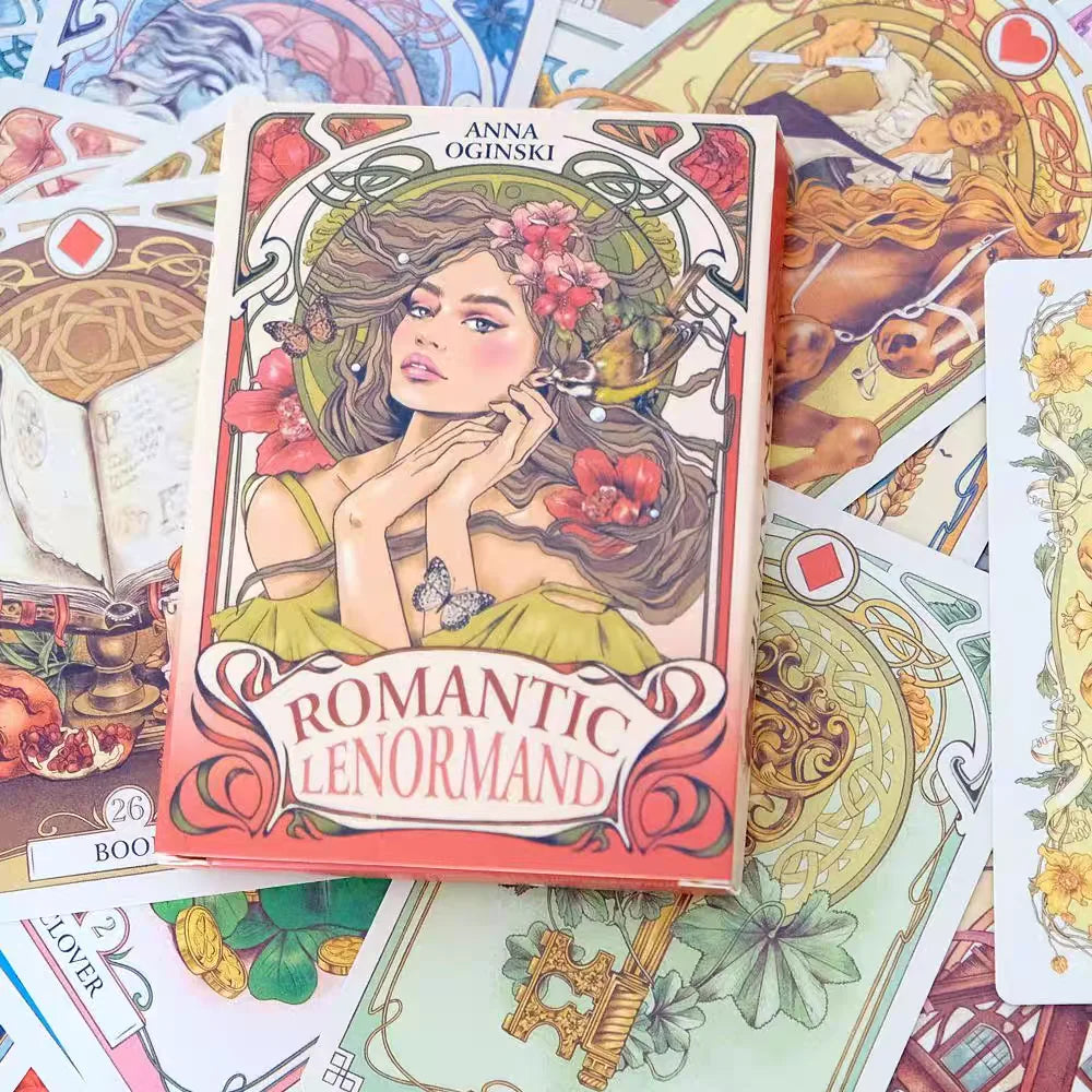 Romantic Lenormand Oracle Cards — 37-Card Deck, Art Nouveau Floral Motifs, English Vision, 10.2 x 7.2 cm (4.0 x 2.8 in) for Parties & Board Games