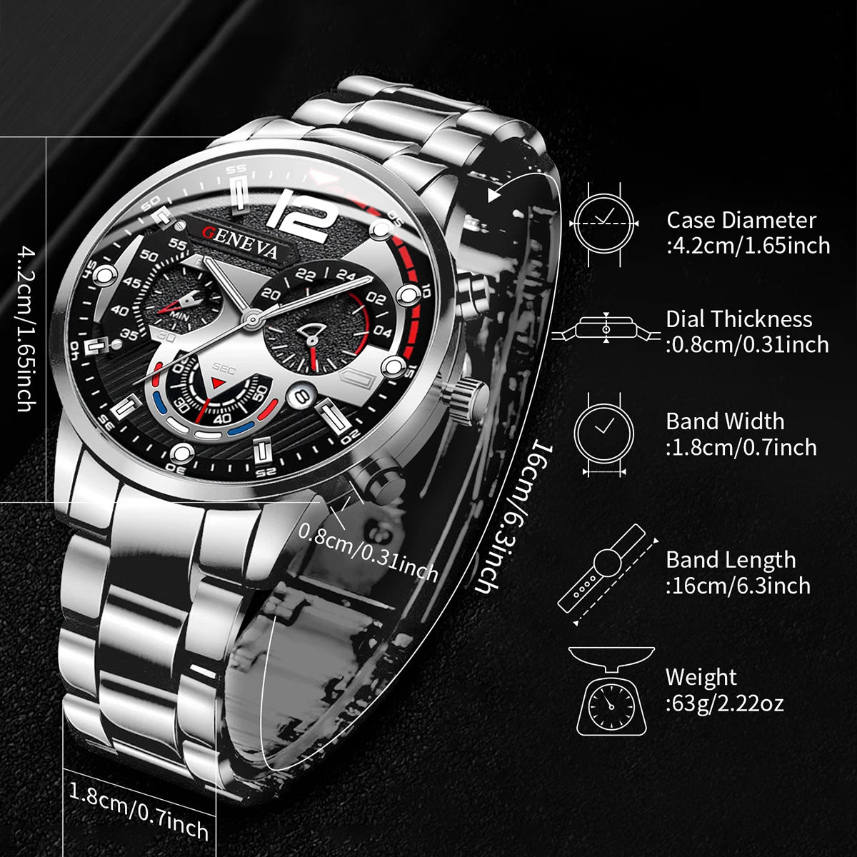Men's Stainless Steel Analog Quartz Watch with Calendar - 42mm Case, Folding Clasp