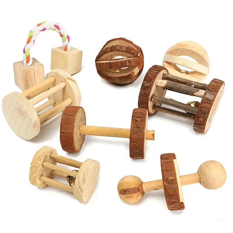 Wooden Pine Chew Roller Toy for Rabbits, Guinea Pigs & Rats - Dumbbell Unicycle Bell for Small Pets