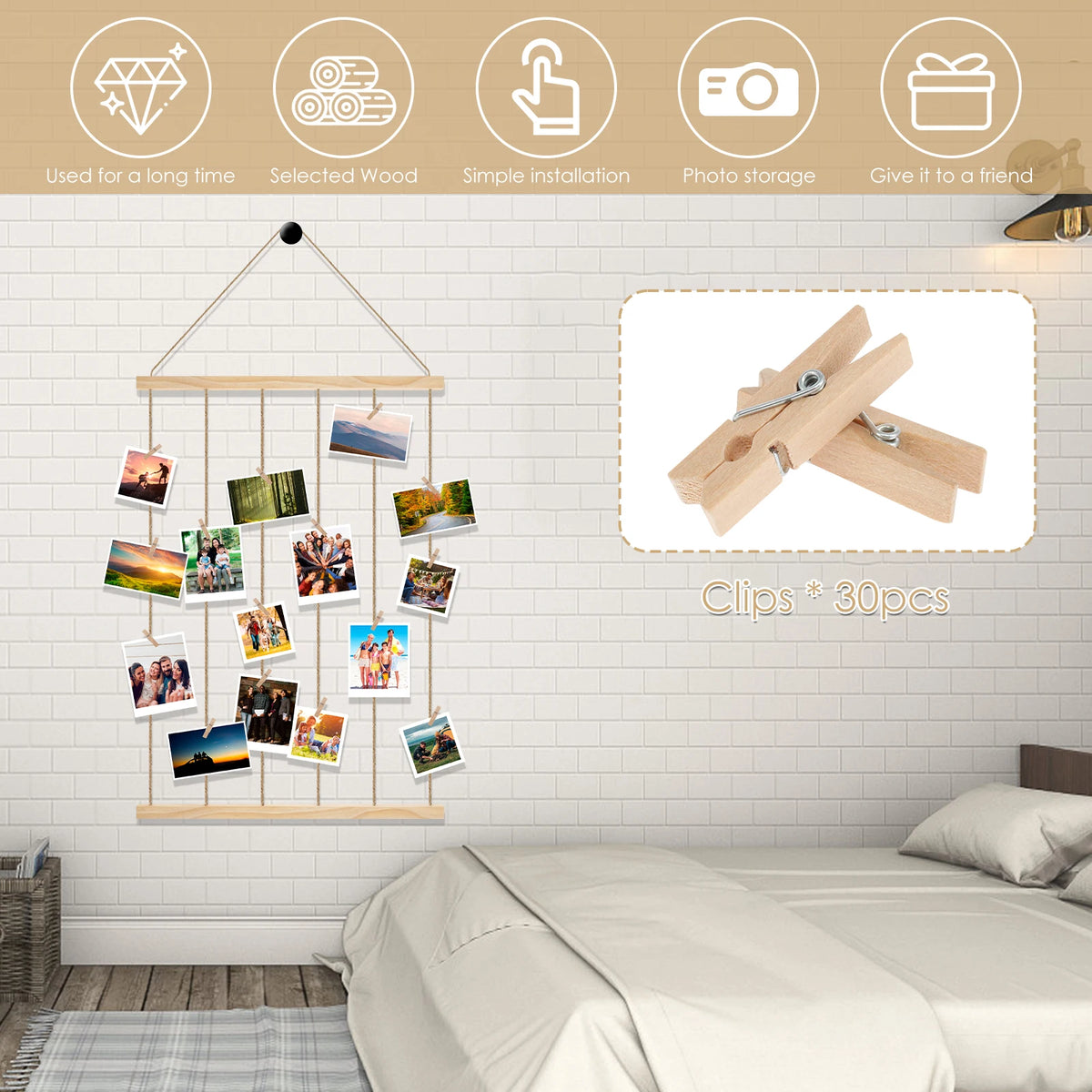 Wooden Hanging Photo Collage Frame with 30 Clips – Wall Photo Display, Approx. 50 cm x 95 cm (19.7 in x 37.4 in)