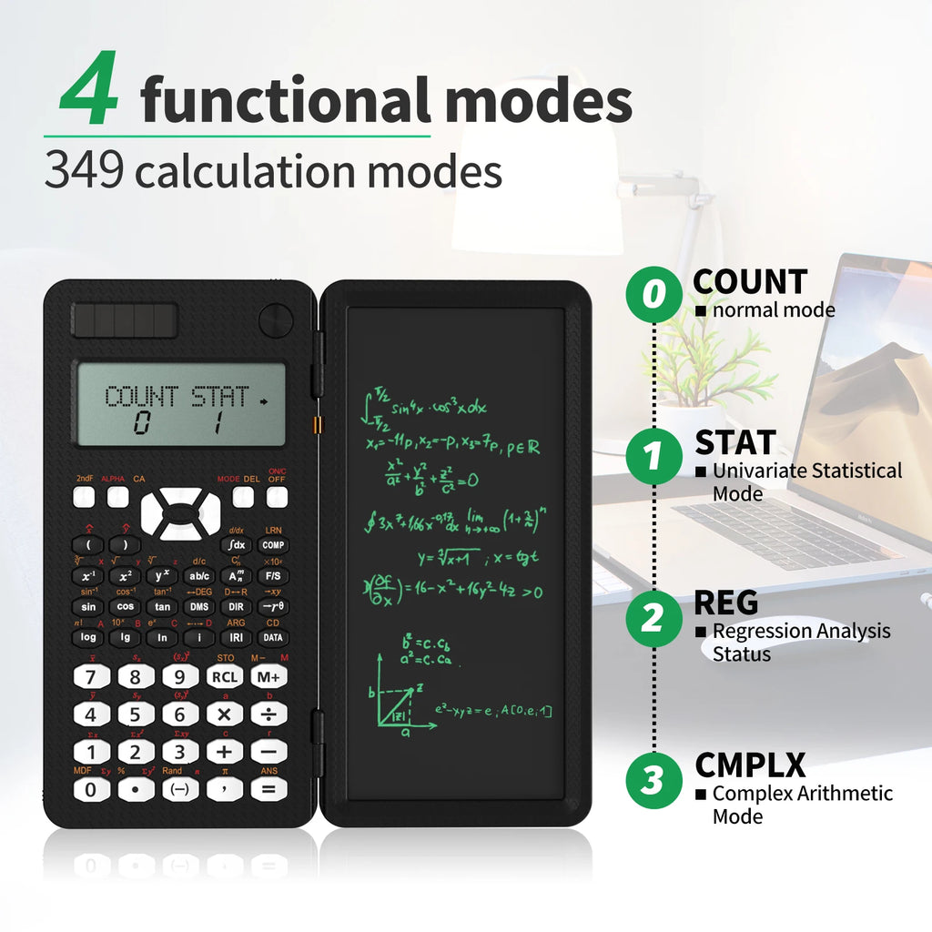 Scientific Calculator with 6.5-Inch (16.5 cm) Writing Tablet — 349-Function Engineering & Financial Calculator, Solar + Battery, Foldable Portable for Students & Office