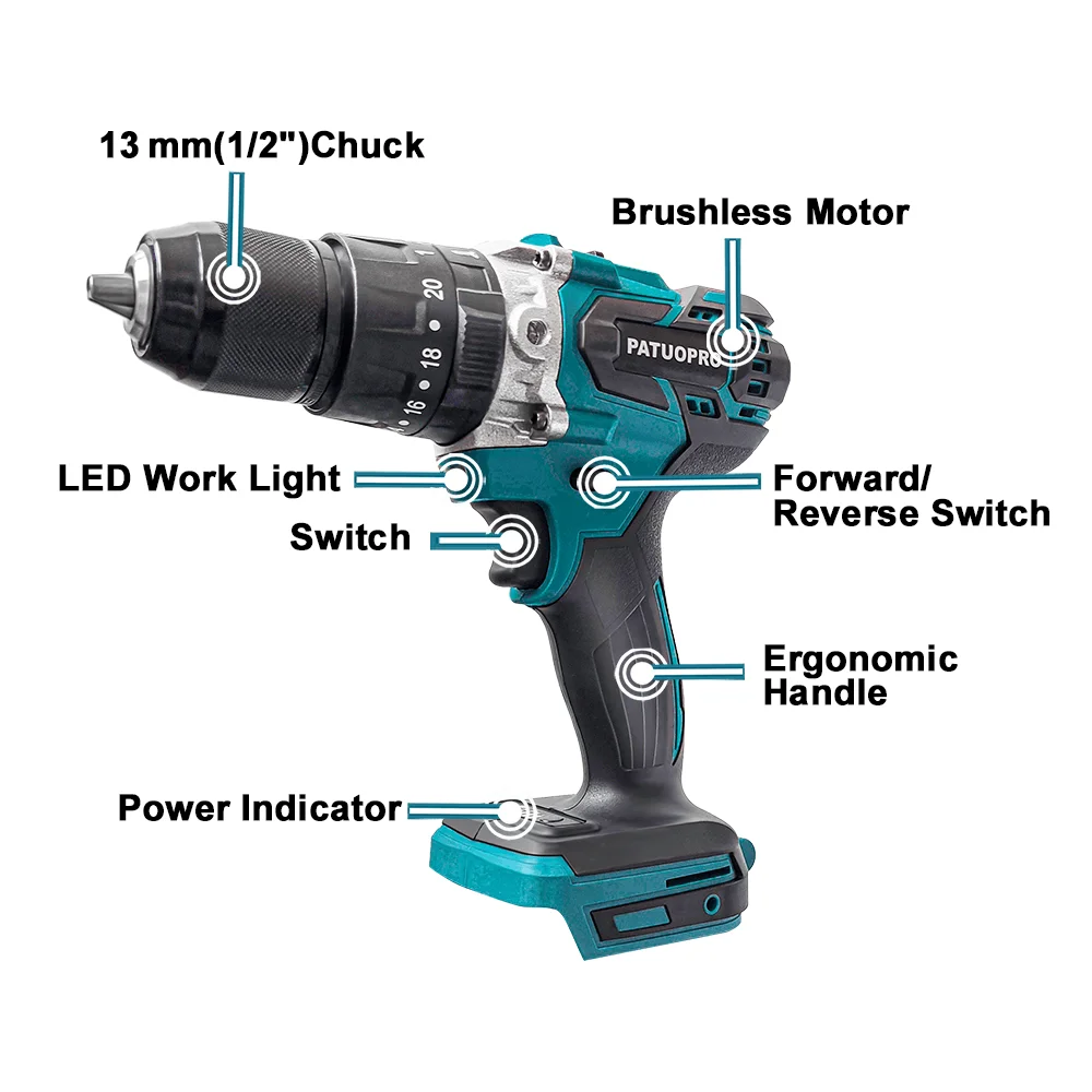 13mm (1/2") Brushless Cordless Impact Drill 20+3 Torque Settings 18V Battery Compatible 80 N.m