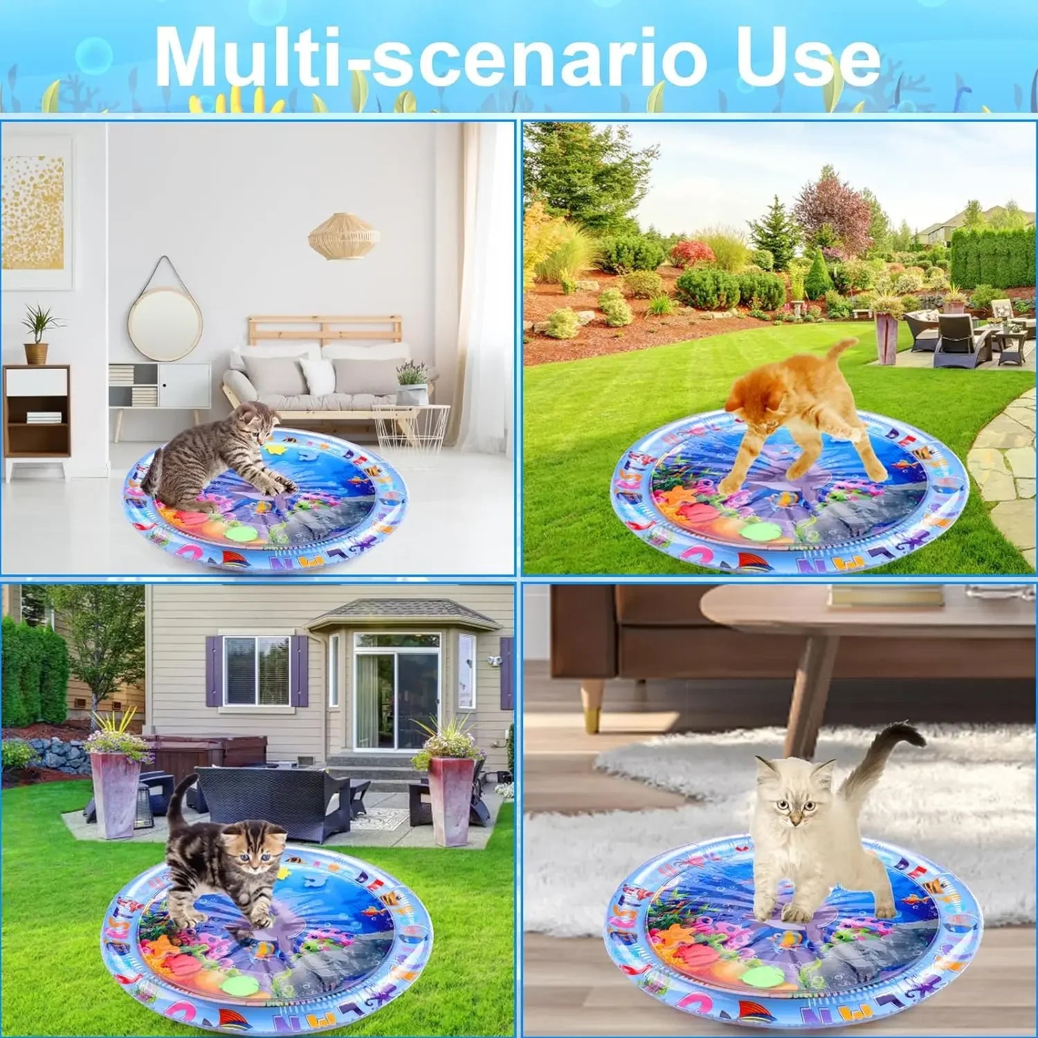Inflatable Water Sensory Play Mat for Cats & Dogs, Thick PVC Pet Playmat with Fish Ocean Theme