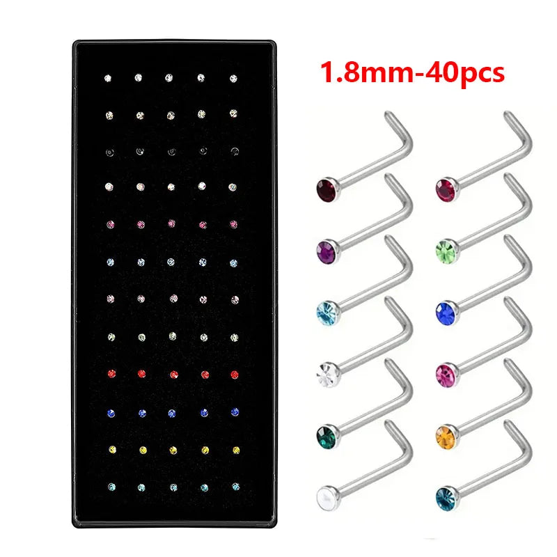 40/60-Piece Crystal 316L Stainless Steel Nose Piercing Kit - Straight L Studs & Helix Body Jewelry