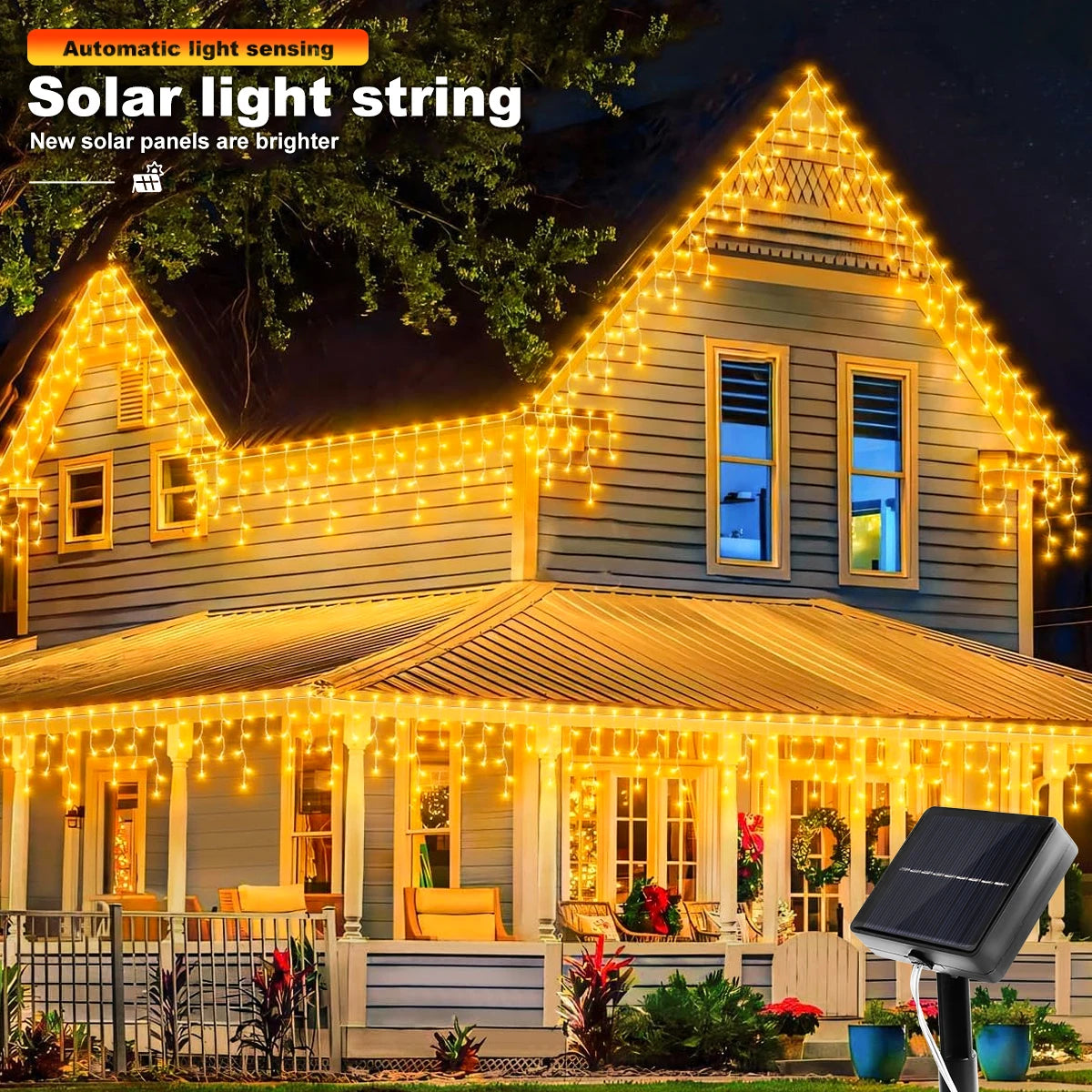 Solar Icicle Curtain Lights — 162/96 LED, 8 Modes, IP65 Waterproof, 9m/6m (29.5ft/19.7ft) Outdoor Christmas Fairy String Lights