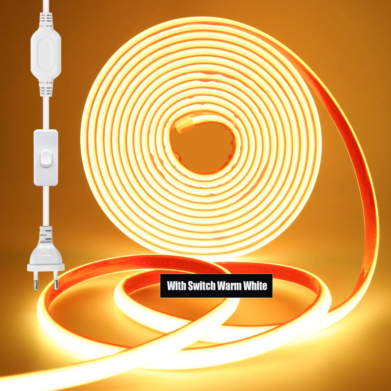 220V COB LED Strip Light 288 LEDs/m IP67 Dimmable with EU Plug & Switch - Flexible Adhesive Tape