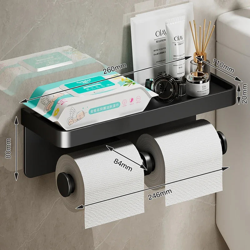 Wall-Mounted Toilet Paper Holder with Shelf - Aluminum Alloy Rustproof Bathroom Roll Holder