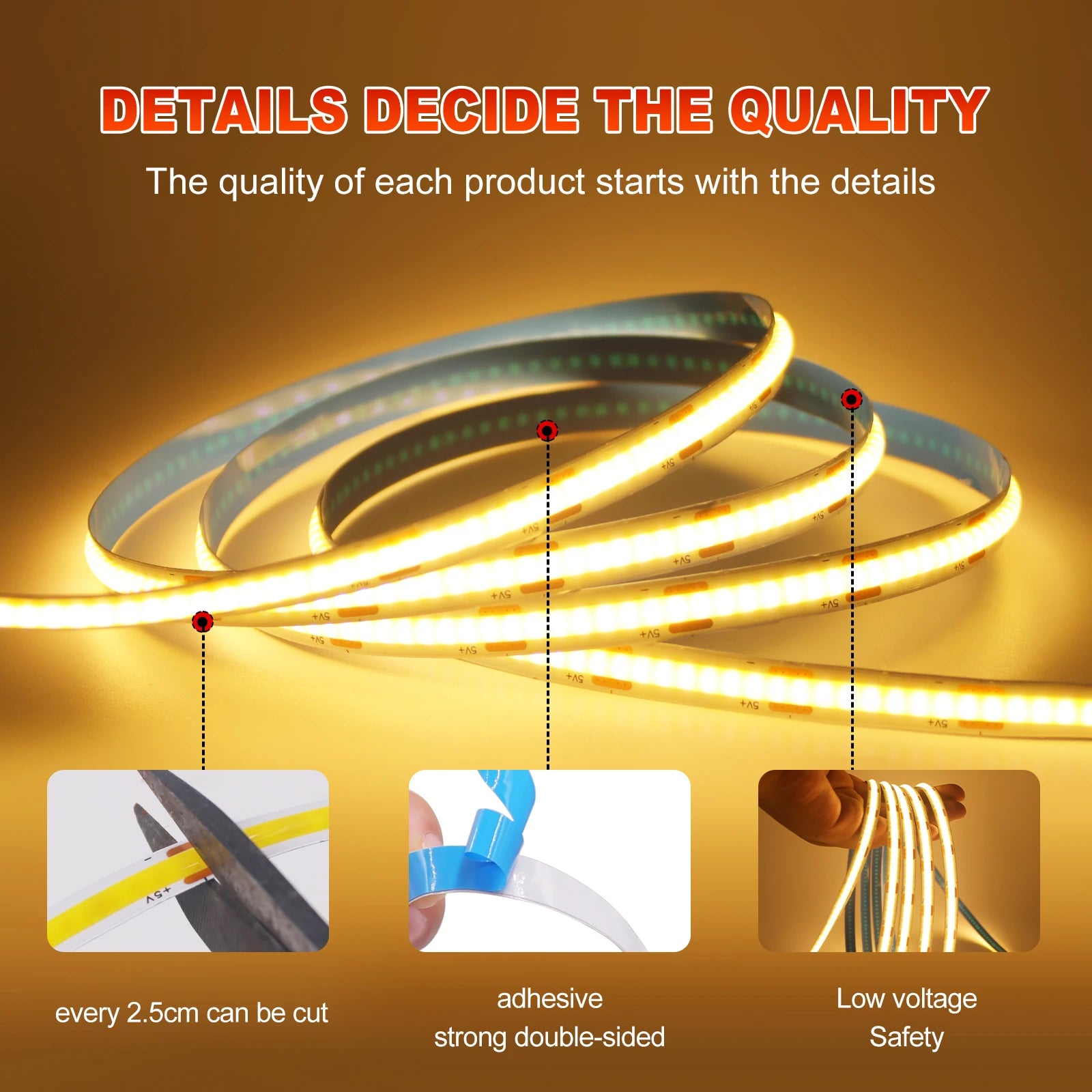 5V COB LED Strip Light USB Dimmable Touch Sensor Flexible Adhesive Tape TV Backlight