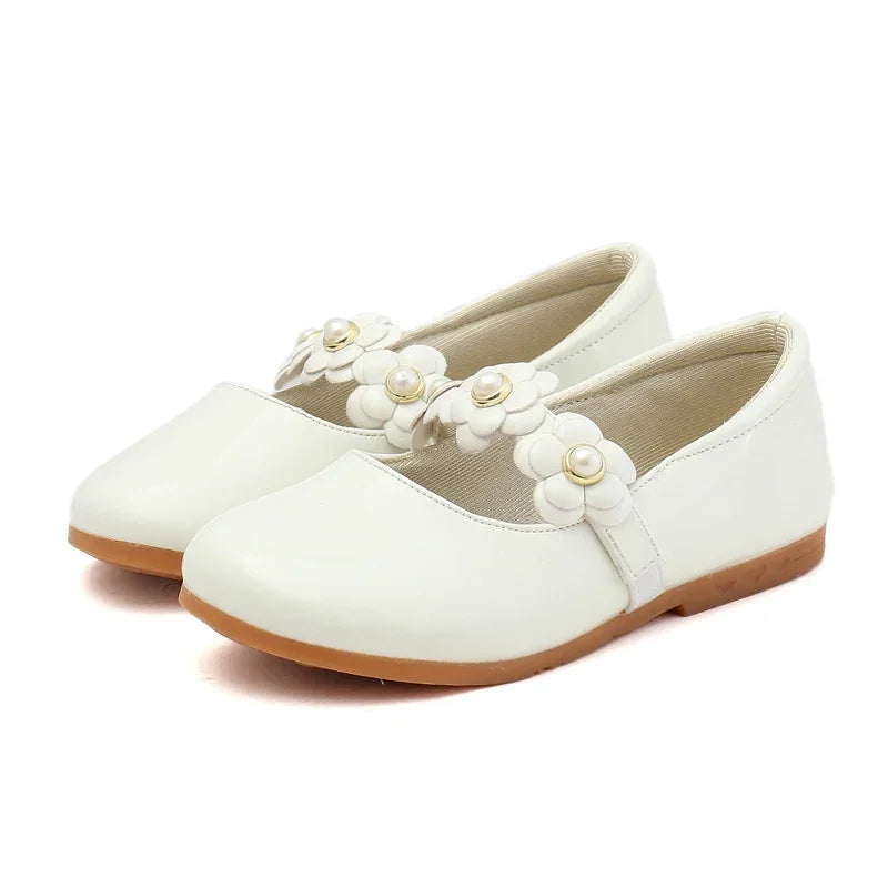 Girls Floral PU Leather Dress Flats with Flower Applique – Princess Party Shoes (EU Sizes 26–36)