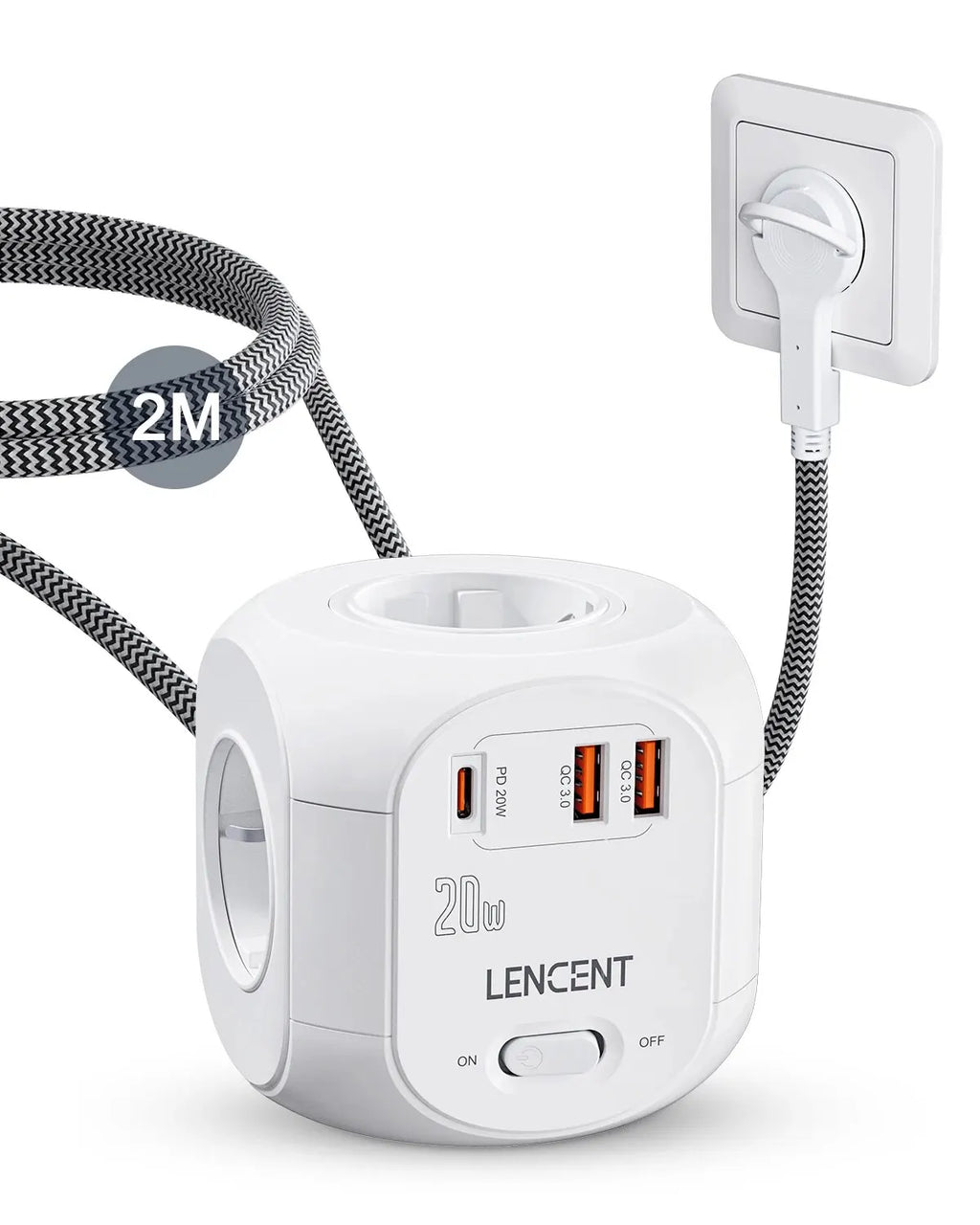 Flat EU Plug Power Strip Cube – 4 AC Outlets, 2 QC3.0 USB + 1 USB-C PD 20W Fast Charging, Surge Protector, 2m Braided Cord