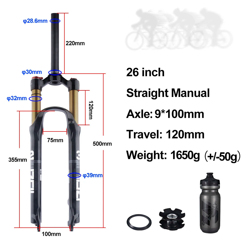 Mountain Bike Air Suspension Fork 26/27.5/29 Inch 100mm Travel (120mm Exposed) Air & Oil Damping Remote Lockout 9mm Axle 32mm Stanchions Disc Brake