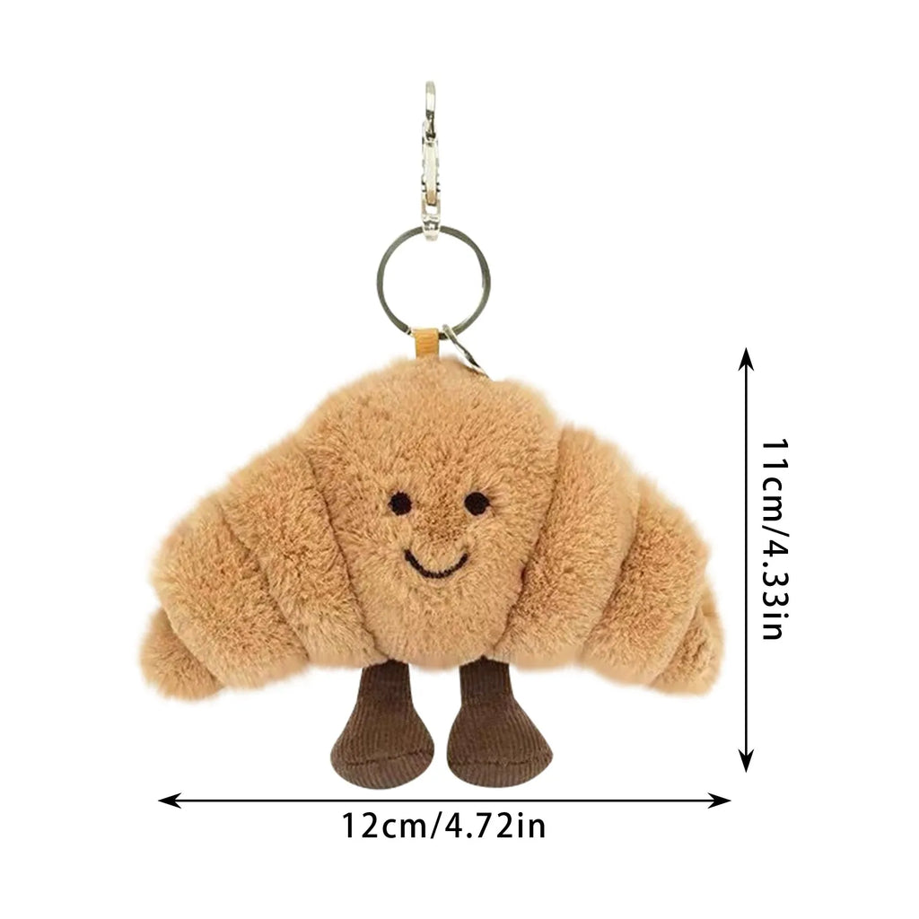 Plush Croissant Bag Charm Keychain (12 x 6 x 11 cm | 4.7 x 2.4 x 4.3 in) - Cute Food Keyring for Bags & Phones
