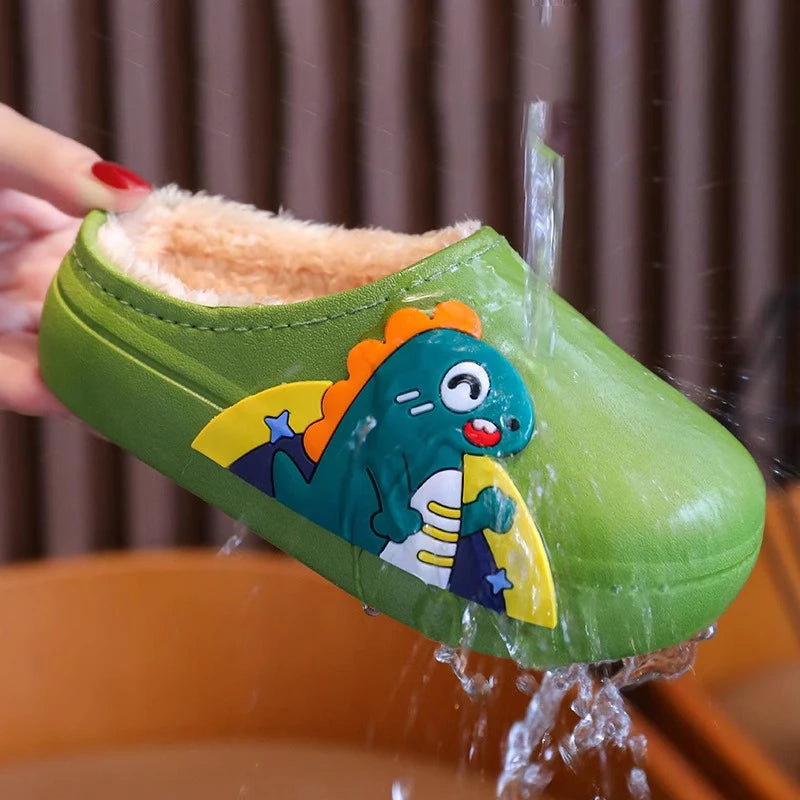 Unisex Kids Plush Waterproof Slippers - Thickened Anti-Slip Animal Print Home Slippers for Boys & Girls, Sizes 16–37 (12–22.5 cm / 4.7–8.9 in)