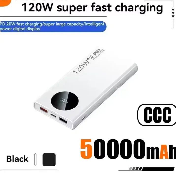 120W Fast Charging Power Bank – 50,000 / 100,000 / 200,000 mAh Portable Charger with Built-In Cable, USB-C & Dual USB, LED Display