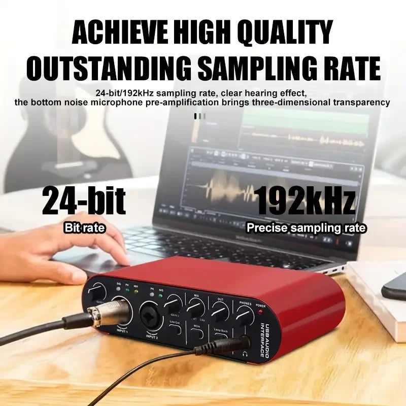 24-Bit 192 kHz USB Audio Interface with Loopback – External Sound Card for Guitar Recording & Stereo Monitoring (Red)