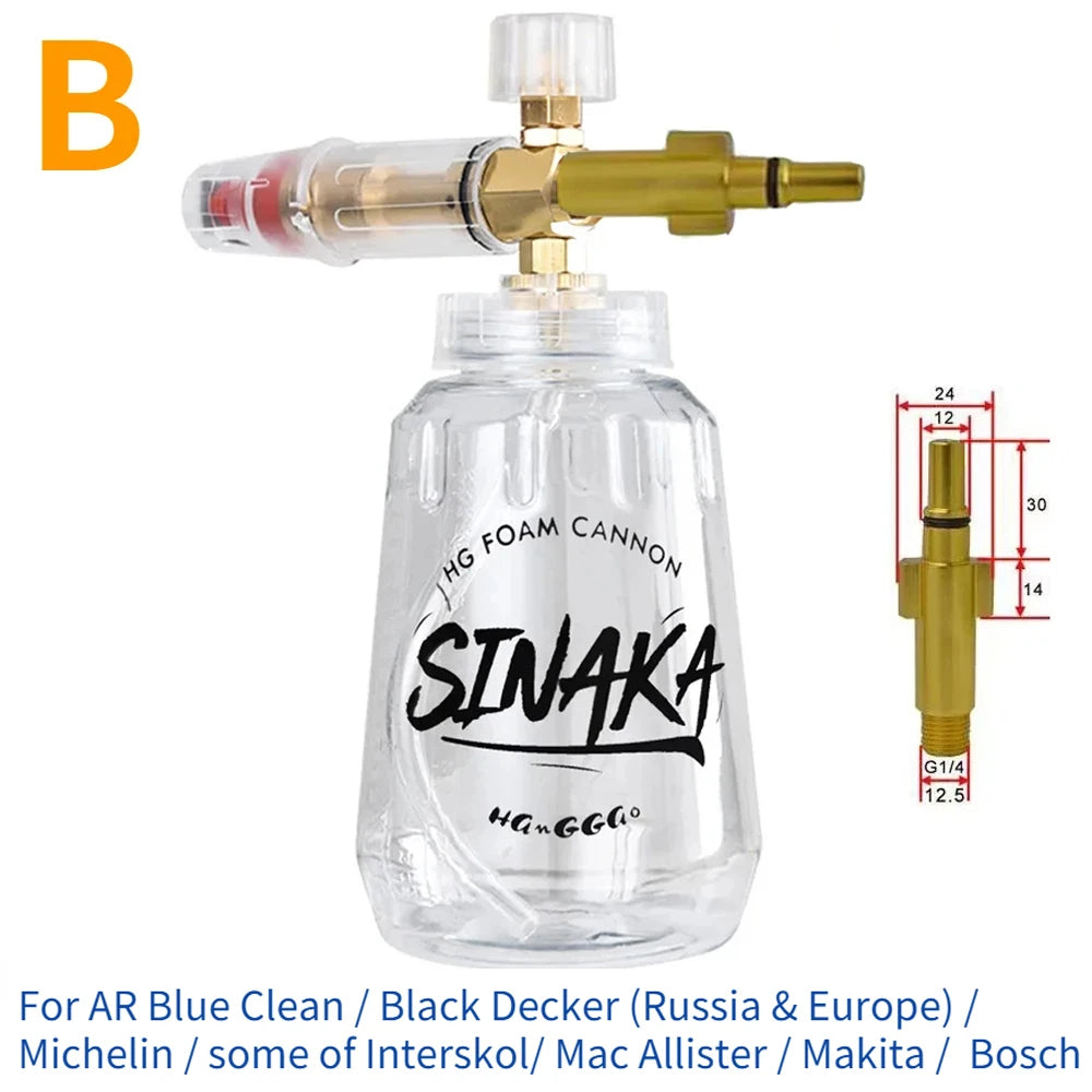 Adjustable Snow Foam Lance Foam Cannon 1L (32 oz) Car Washer Foam Generator – Universal Adapters M22 & 1/4" Quick Plug, 70–280 bar (1,000–4,000 PSI)