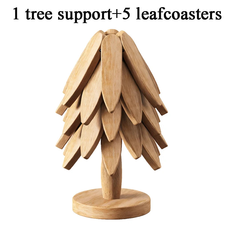 Tree-Shaped Wooden Trivet Set – 4 Foldable Trivets + Stand | Natural Wood Hot Pads for Pots, Teapots & Bowls
