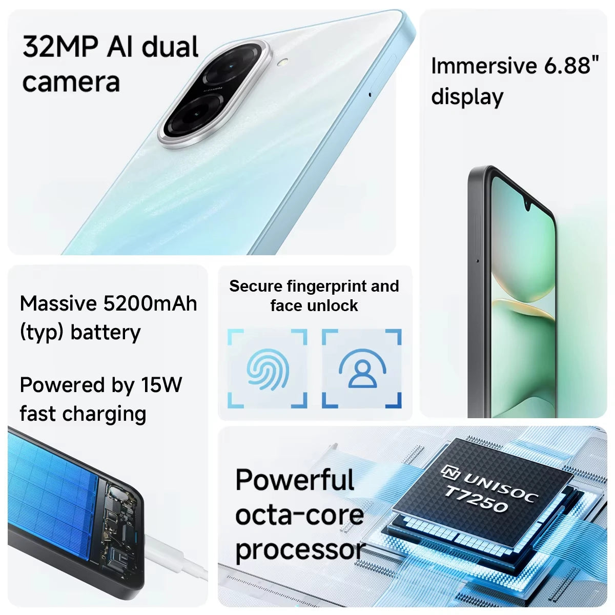 Global Version Android Smartphone Unisoc T7250 - 6.88 in (17.5 cm) Display - 32MP Main Camera - 5200mAh Battery - 15W Fast Charging