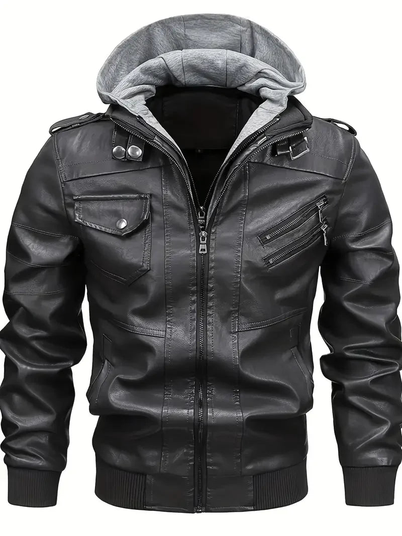 Men's Slim Fit PU Motorcycle Leather Jacket - Windproof Biker Coat with Detachable Hood & Zipper