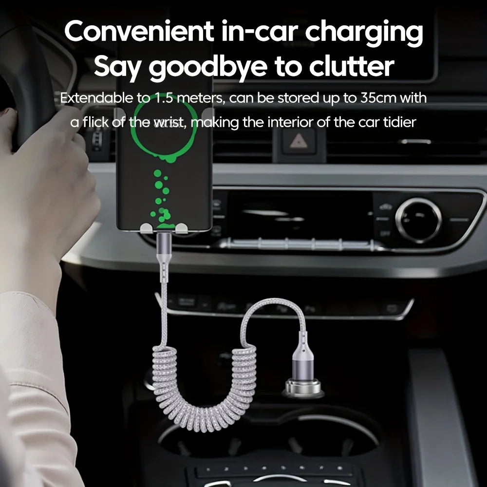 100W USB-C Coiled Car Fast Charging Cable – PD 100W Fast Charge & 60W Data Sync, USB 3.1 Type-C