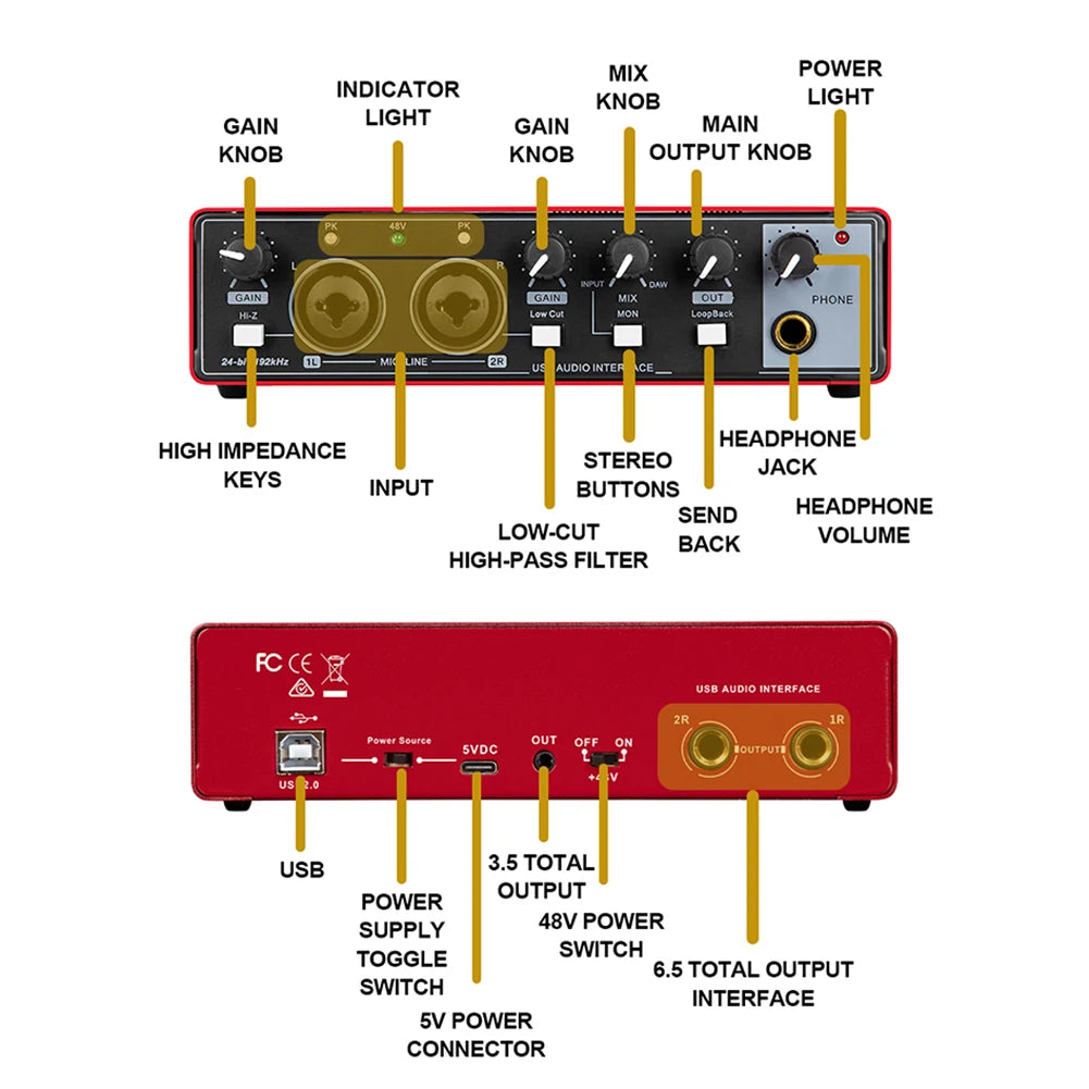 Portable 2-in-2-out USB Audio Interface 24-bit/192kHz with 48V Phantom Power, Loopback & Zero-Latency Monitoring for Guitar and Vocal Recording