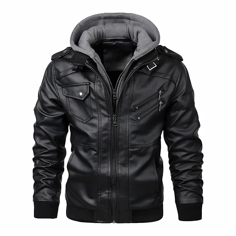 Men's Slim Fit PU Motorcycle Leather Jacket - Windproof Biker Coat with Detachable Hood & Zipper