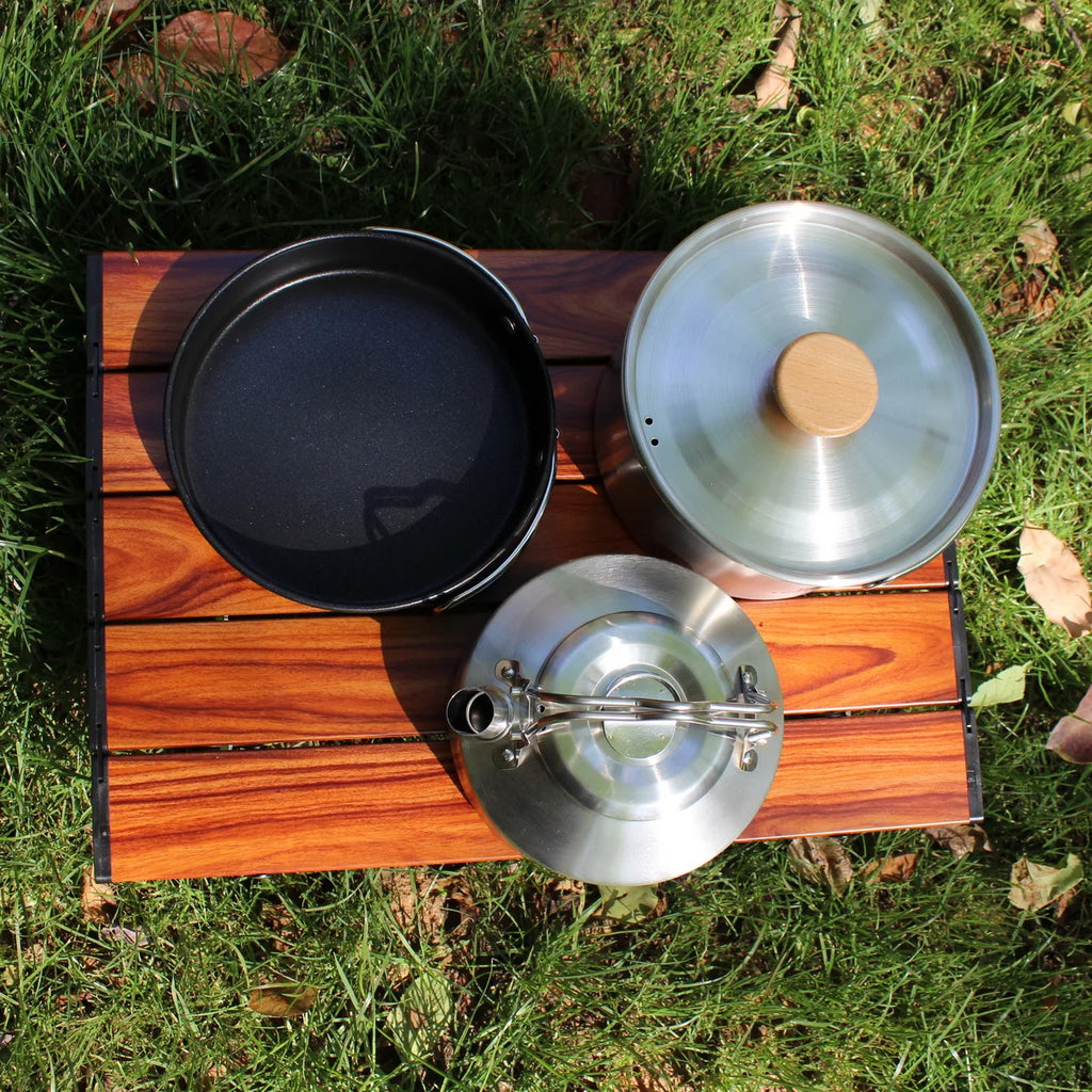 Stainless Steel Camping Cookware Set – Kettle, Pot & Pan for 2–3 People, Portable Outdoor Cooking