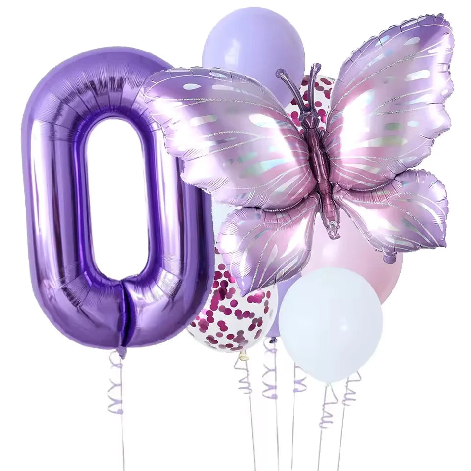 10-Pack Purple Butterfly & Number Foil Balloon Set 32-inch (81 cm) Party Decorations for Baby Shower, Birthday, Wedding, Christmas