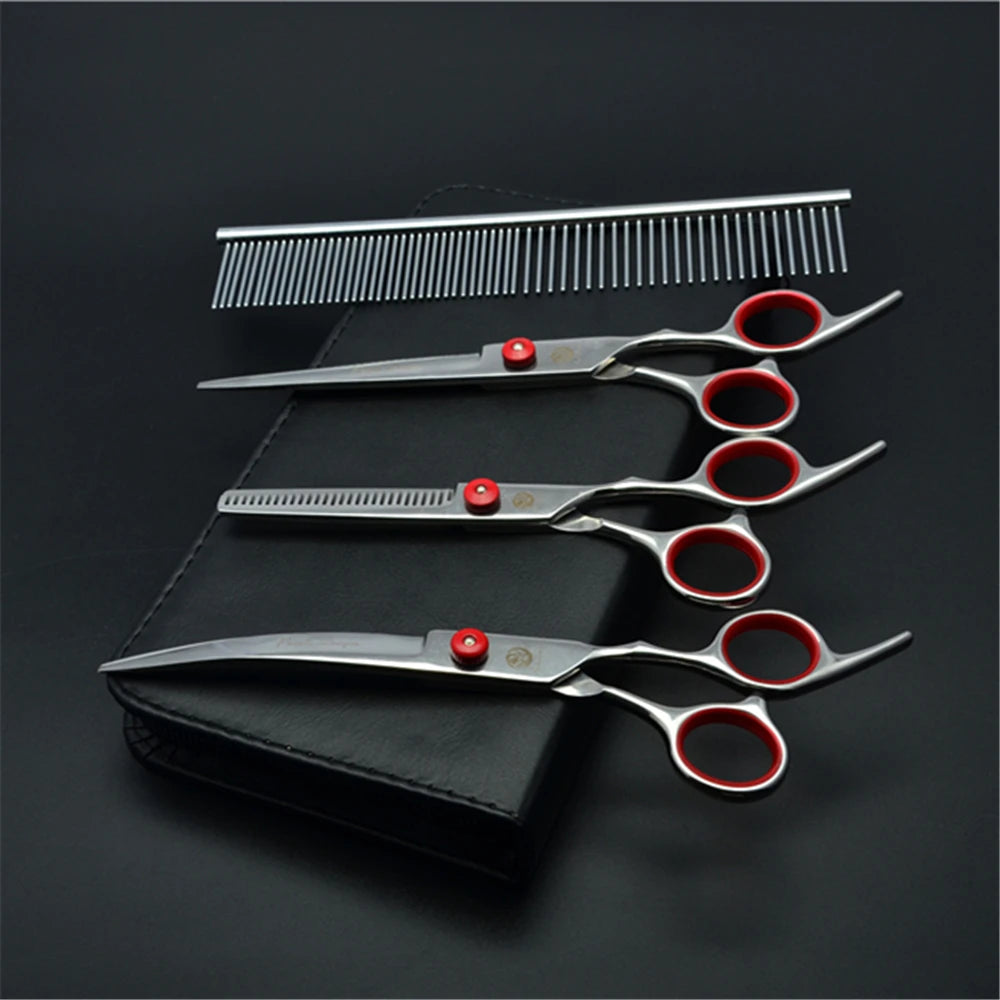 Dog Grooming Scissors Set 6" (15 cm) & 7" (17.5 cm) Stainless Steel Pet Shears — Thinning, Curved & Cutting